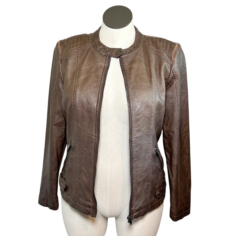 Sebby Collection Whiskey Brown Faux Leather Moto Jacket Womens Large Quilted Rib